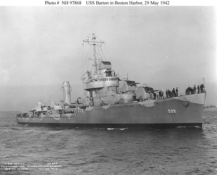 USS Barton (DD-599) in Boston Harbor, Massachusetts, May 29, 1942, the day she was commissioned