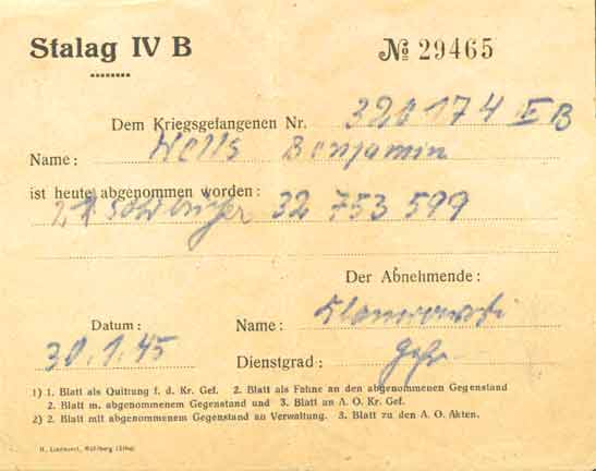 Benjamin Wells POW camp identification card