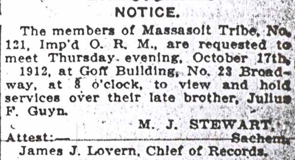 Camden Post-Telegram October 14, 1912 — Notice, Massasoit Tribe No. 121 at Goff Building