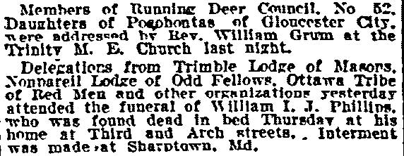 Philadelphia Inquirer July 19, 1915 — Red Men attend funeral of William I.J. Phillips