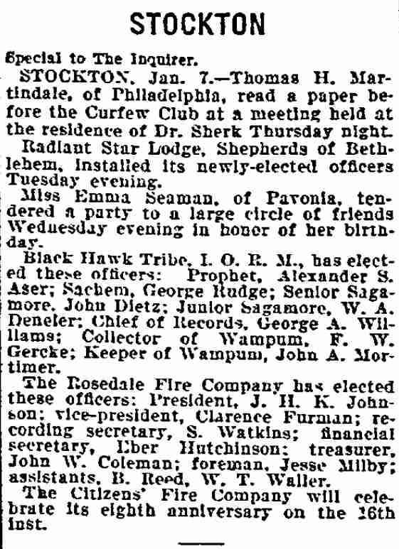 Philadelphia Inquirer January 8, 1899 — Stockton notes