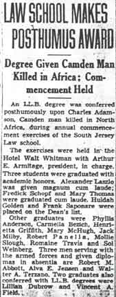 Newspaper clipping: Law School Makes Posthumous Award, Camden Courier-Post, June 1943