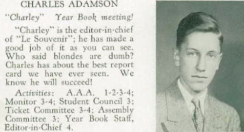 Audubon High School Class of 1937 yearbook entry for Charles Adamson, editor-in-chief of Le Souvenir