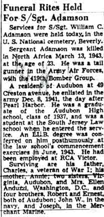 Newspaper clipping: Funeral Rites Held For S/Sgt. Adamson, Camden Courier-Post, June 4, 1948