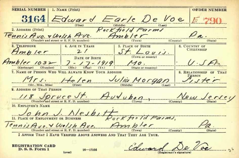World War II draft card for Edward E. DeVoe, front