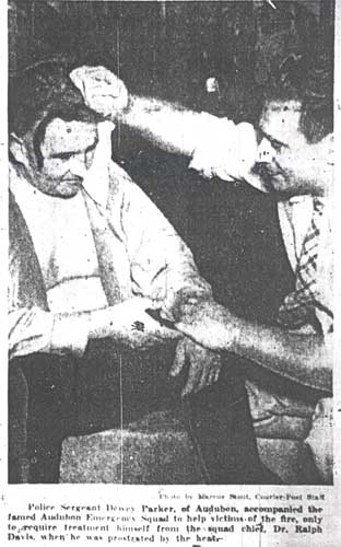 Newspaper clipping about Dewey Parker at the Hollingshead factory fire, July 30, 1940