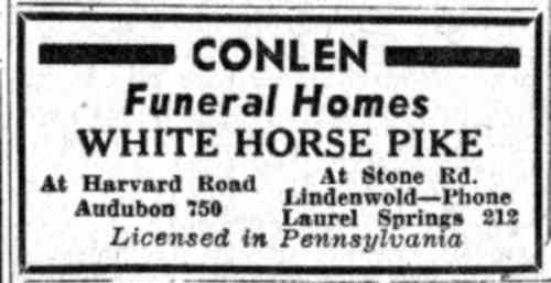 Advertisement for Conlen Funeral Homes, Camden Courier-Post, July 28, 1941