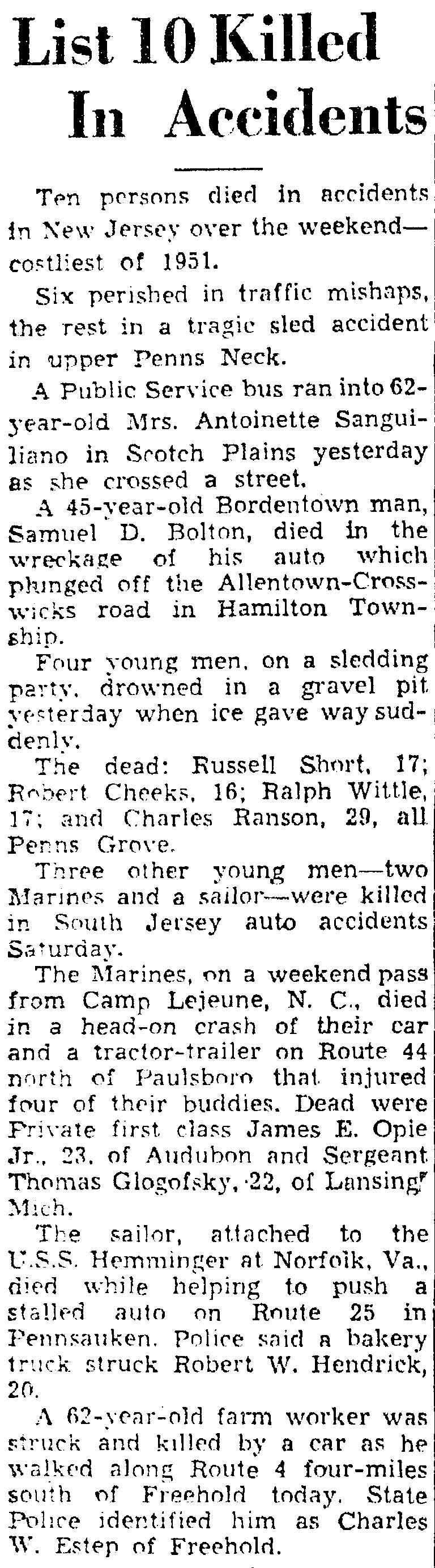Trenton Evening Times, February 5, 1951: List 10 Killed In New Jersey Accidents — including Private First Class James E. Opie