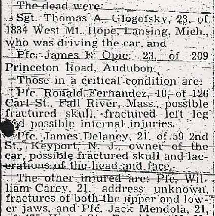 Newspaper clipping continued: names of the dead and injured