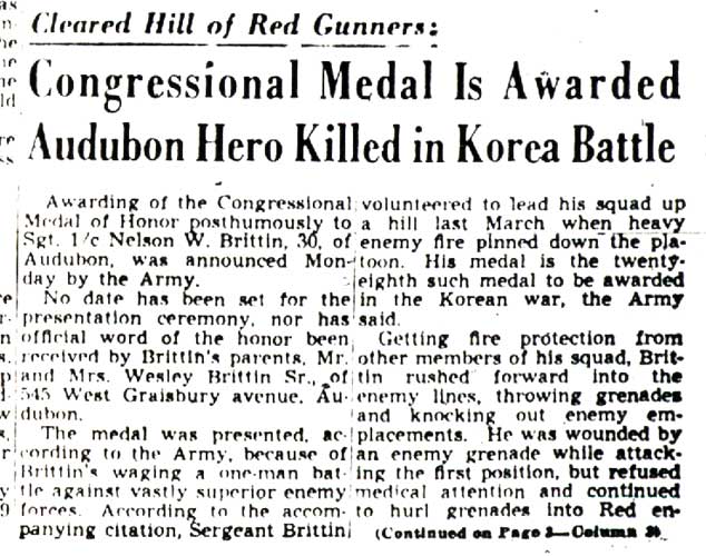 Newspaper clipping: Congressional Medal Is Awarded Audubon Hero Killed in Korea Battle, Camden Courier-Post, February 4, 1952
