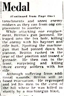 Newspaper clipping continued: Medal (Continued from Page One)