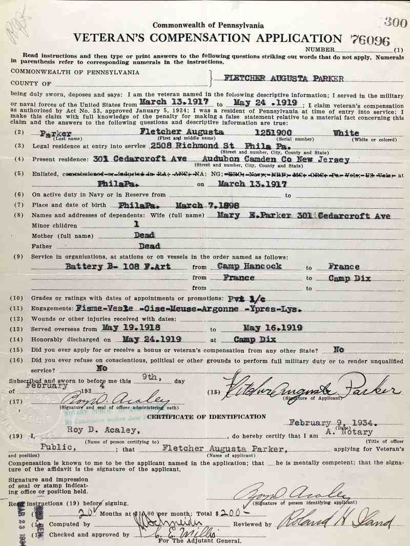 Military service record for A. Fletcher Parker