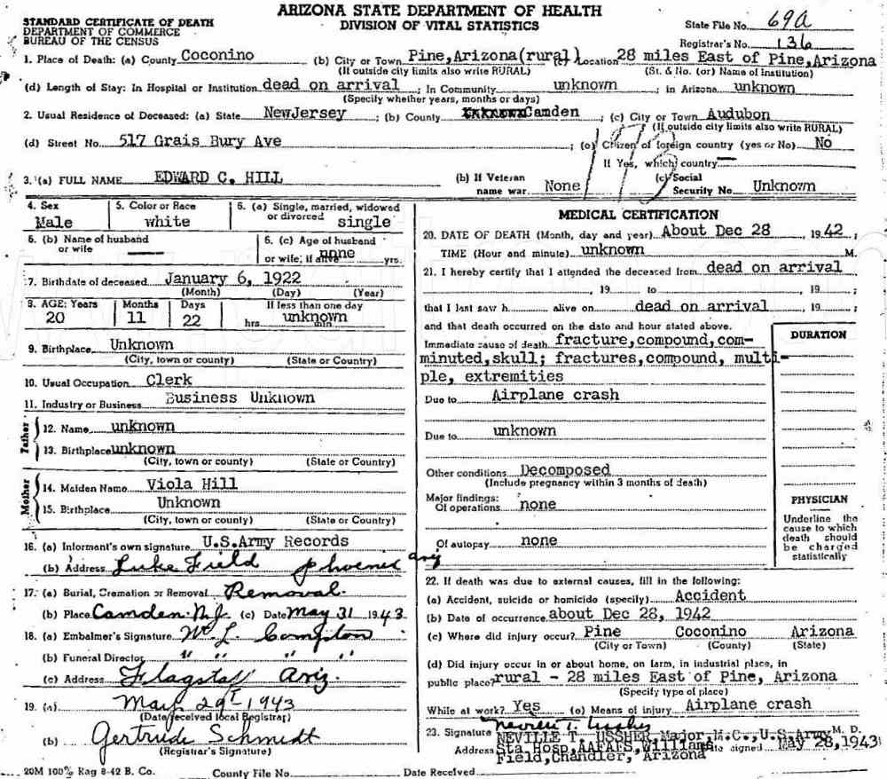 Death certificate for Aviation Cadet Edward C. Hill Jr.