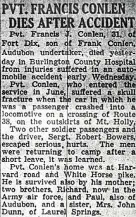 Newspaper clipping: Pvt. Francis Conlen Dies After Accident, Camden Courier-Post, November 7, 1942
