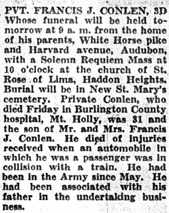 Newspaper clipping: obituary of Private Francis J. Conlen III, Camden Courier-Post, November 9, 1942