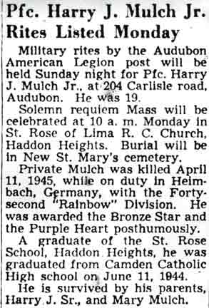 Newspaper clipping: Pfc. Harry J. Mulch Jr. Rites Listed Monday, Camden Courier-Post, August 17, 1948