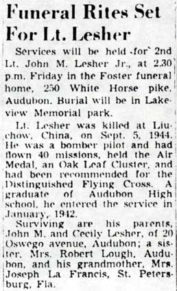 Newspaper clipping: Funeral Rites Set For Lt. Lesher, Camden Courier-Post, October 29, 1947