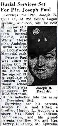 Newspaper clipping: Burial Services Set For Pfc. Joseph Paul, Camden Courier-Post, June 25, 1948