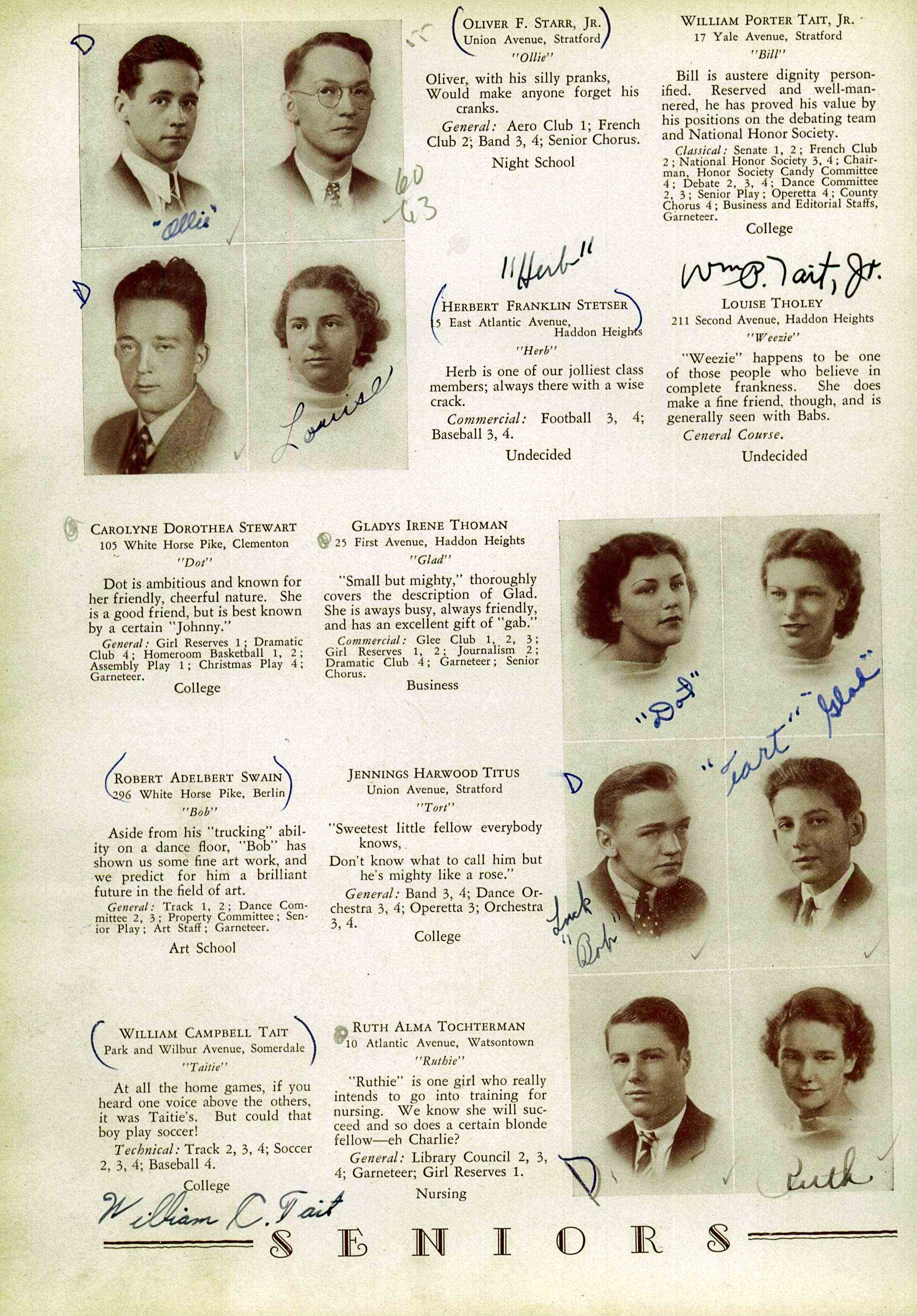 Haddon Heights High School yearbook photo of Oliver F. Starr Jr., Class of 1937