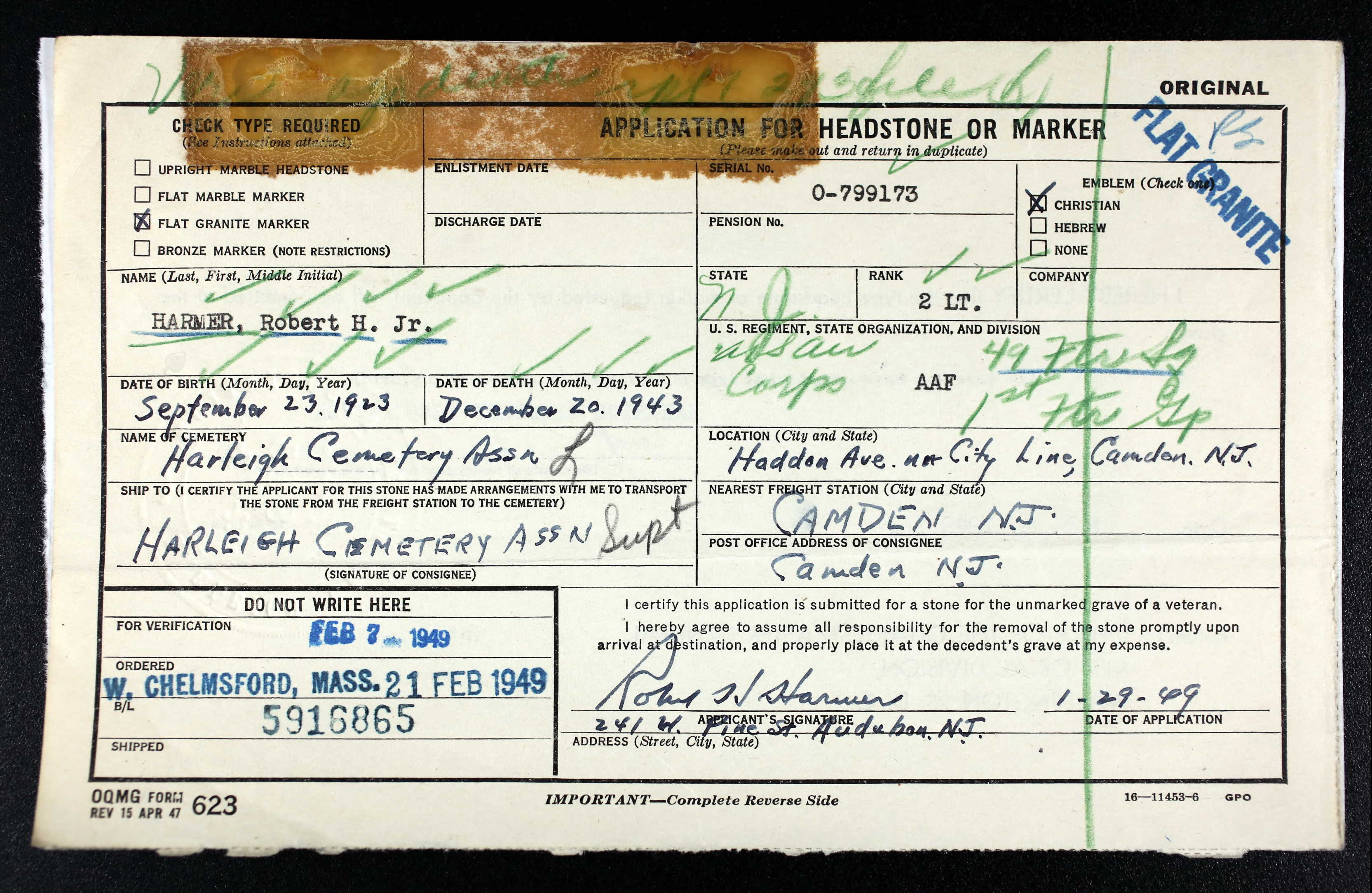 Application for Headstone or Marker for Second Lieutenant Robert H. Harmer Jr.