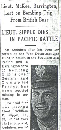 Newspaper clipping: Lieut. Sipple Dies in Pacific Battle, Camden Courier-Post, December 28, 1942