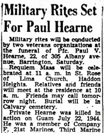 Camden Courier-Post obituary for Paul V. Hearne, April 1948