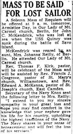 Newspaper obituary: Mass to Be Said for Lost Sailor, John McKendrick