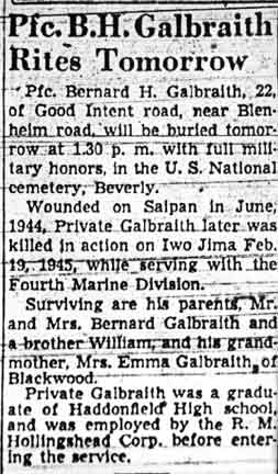 Camden Courier-Post obituary for Bernard H. Galbraith, 1948