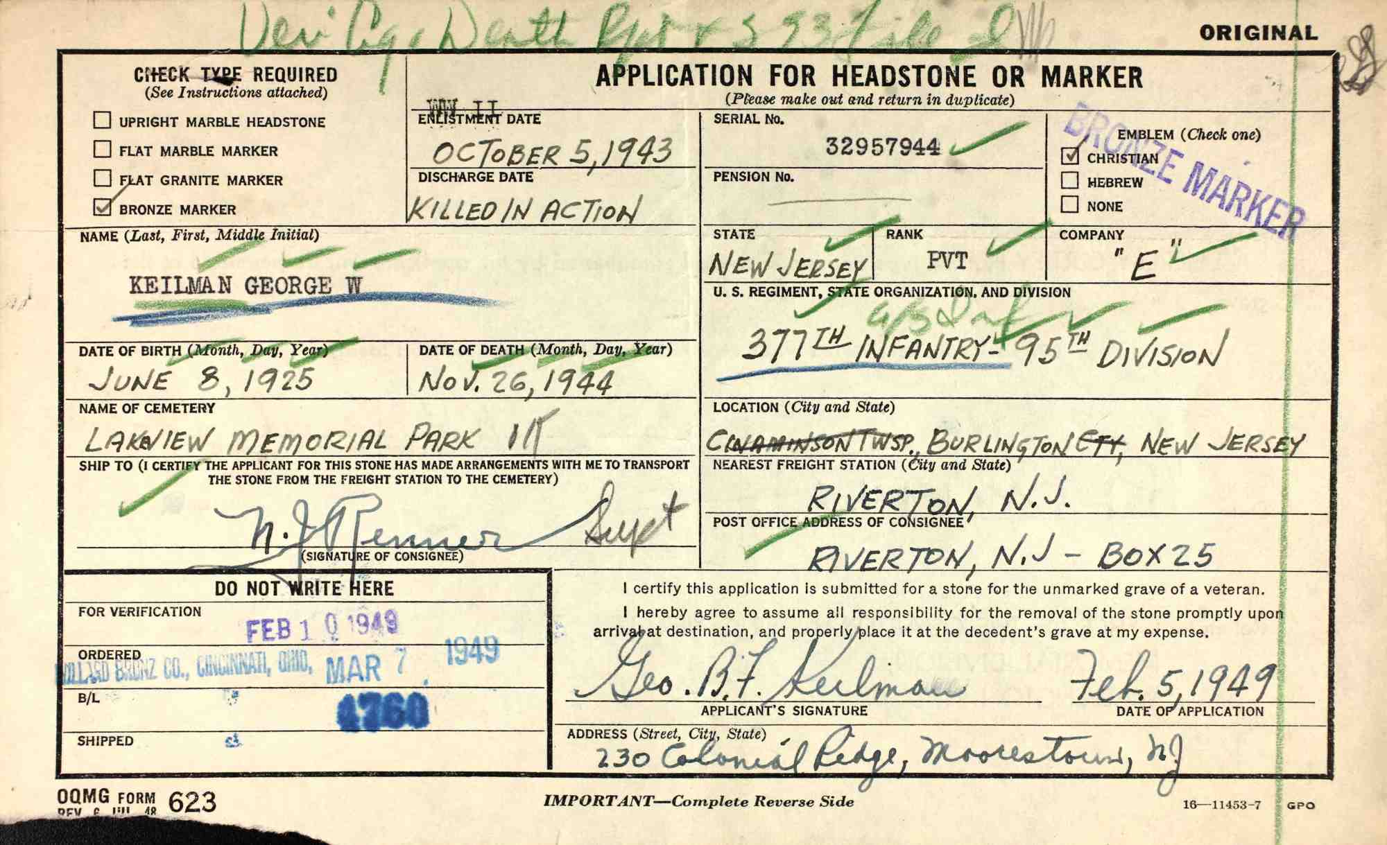 Application for headstone or marker for Private George W. Keilman