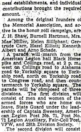 Fairview to Unveil Plate Tomorrow — Camden Courier-Post, November 6, 1943 (continued)
