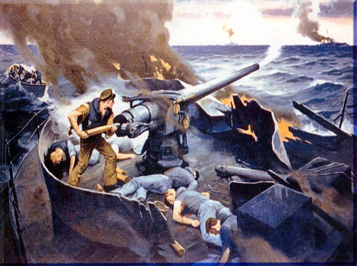 Cover painting by Lieutenant W.N. Wilson, USMS, depicting the battle between SS Stephen Hopkins and the German raider Stier