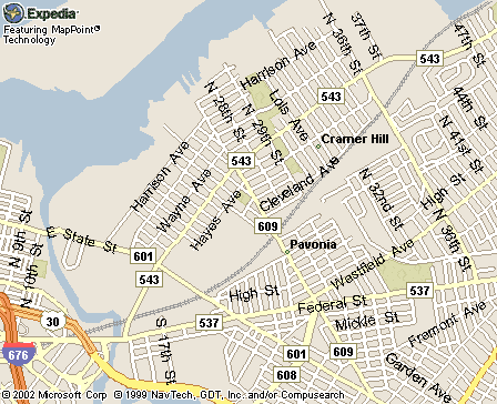 Map showing Veterans Memorial School and park, Camden NJ