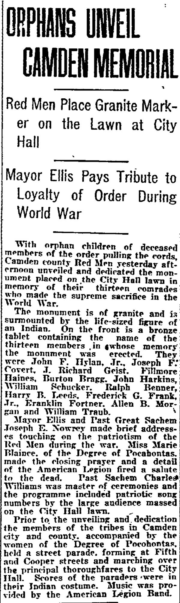 Philadelphia Inquirer, May 30, 1920 — coverage of the Red Men WWI Memorial dedication