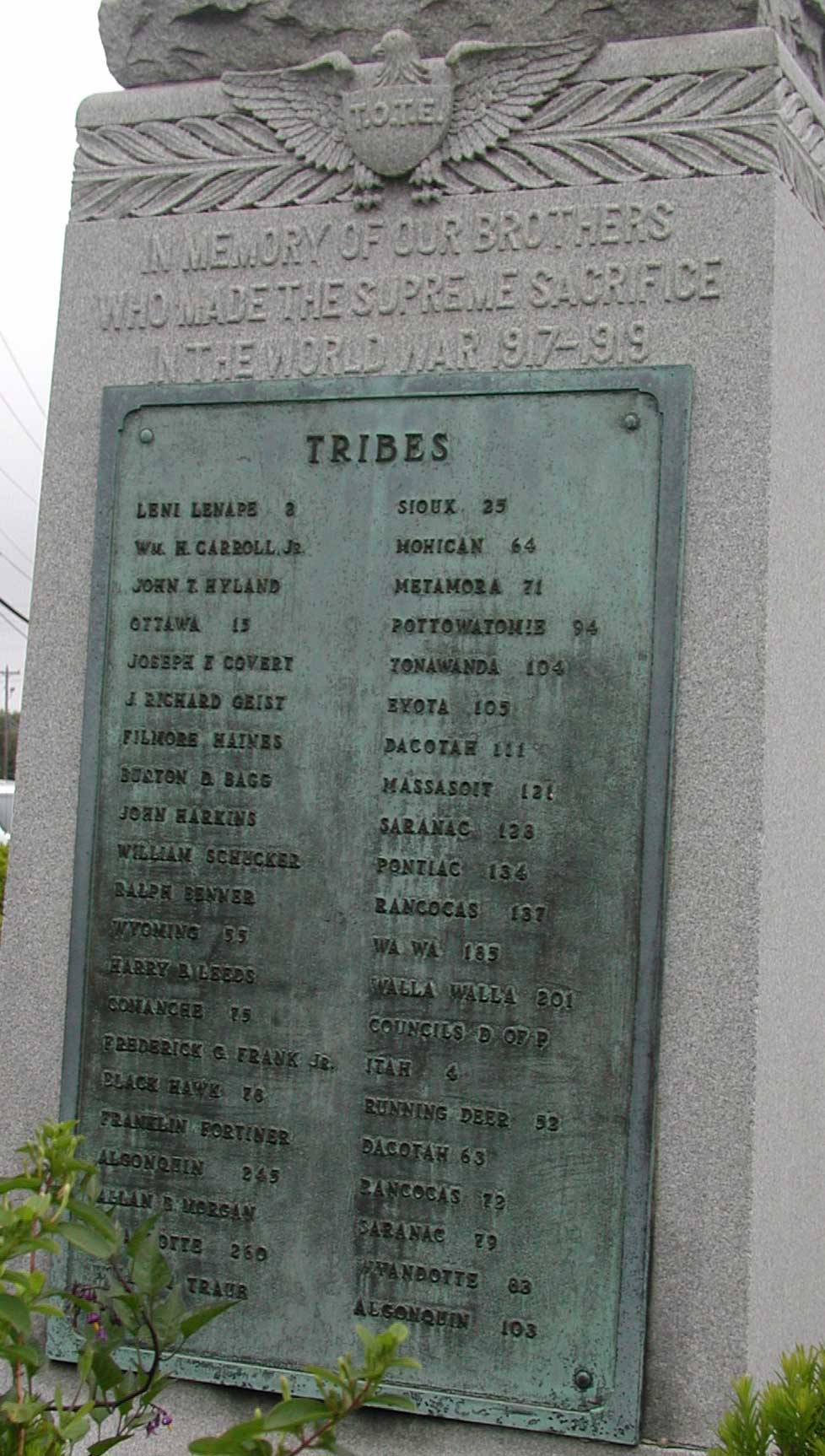 Plaque inscribed with the names of Red Men members who died in World War I