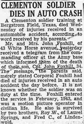 Clementon Soldier Dies in Auto Crash, Camden Courier-Post news clipping