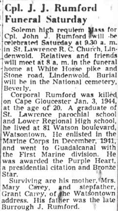 Cpl. J. J. Rumford Funeral Saturday, Camden Courier-Post obituary