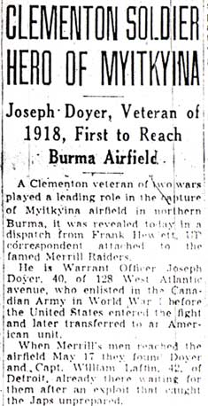 Clementon Soldier Hero of Myitkyina, Camden Courier-Post June 1 1944, column 1