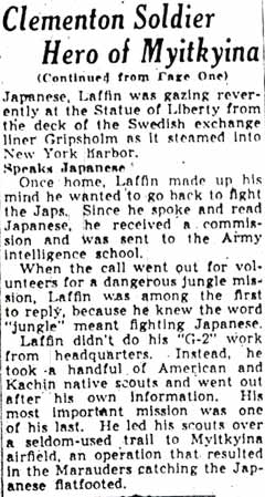 Clementon Soldier Hero of Myitkyina, Camden Courier-Post June 1 1944, column 3