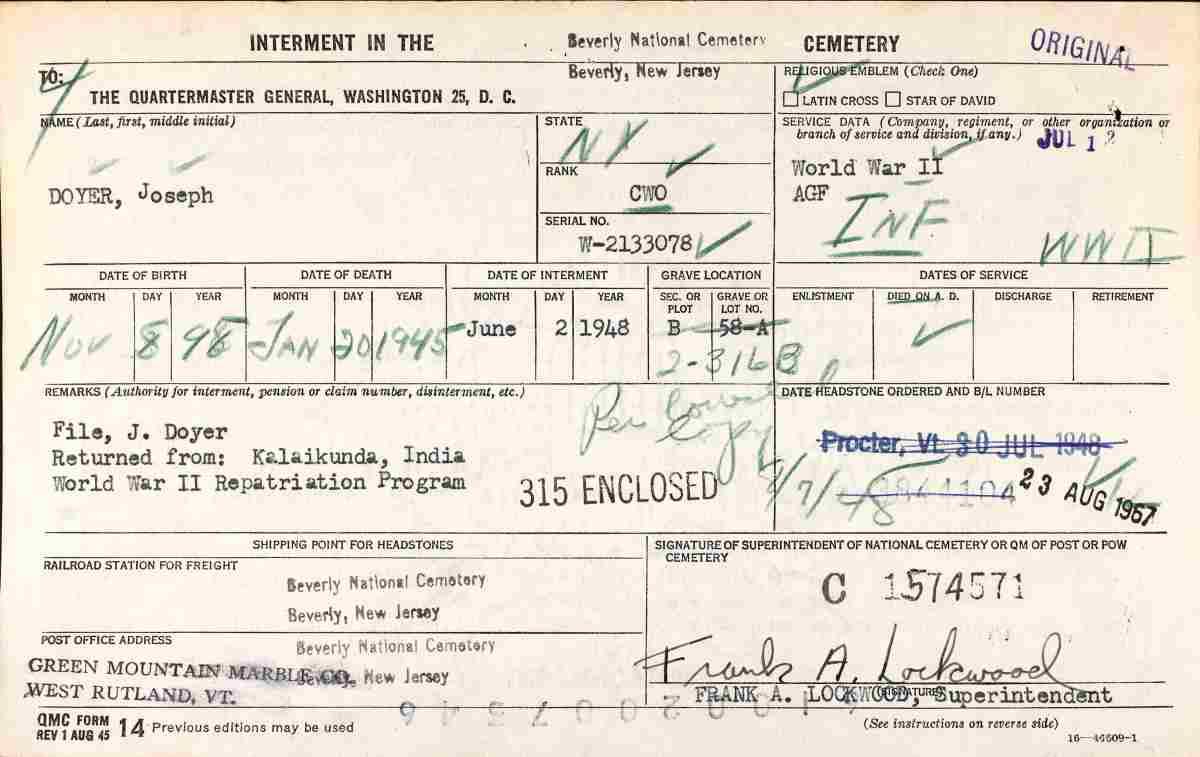 Beverly National Cemetery interment record for Joseph Doyer
