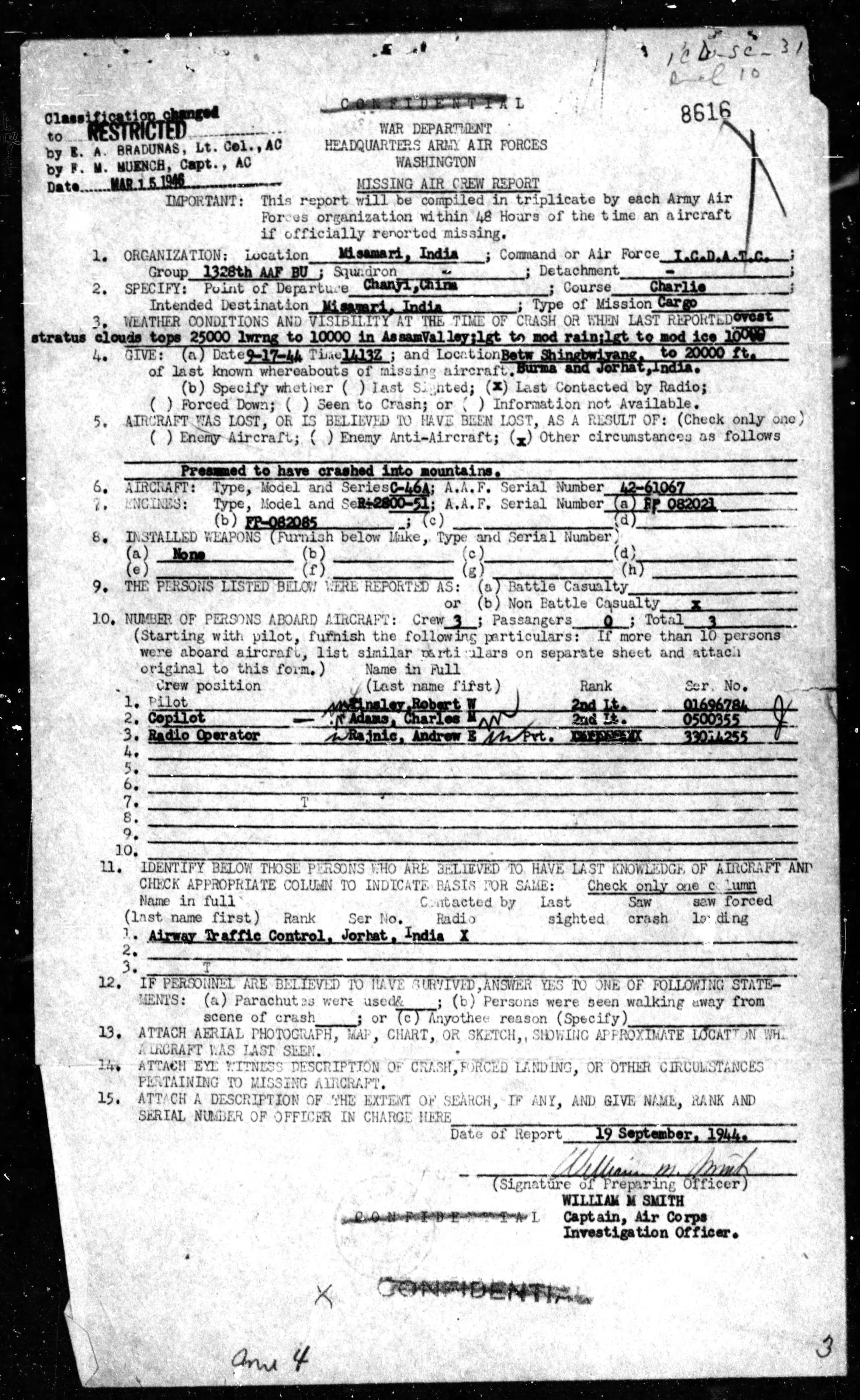Missing Air Crew Report — Charles M. Adams, C-46A 42-61067, page 2