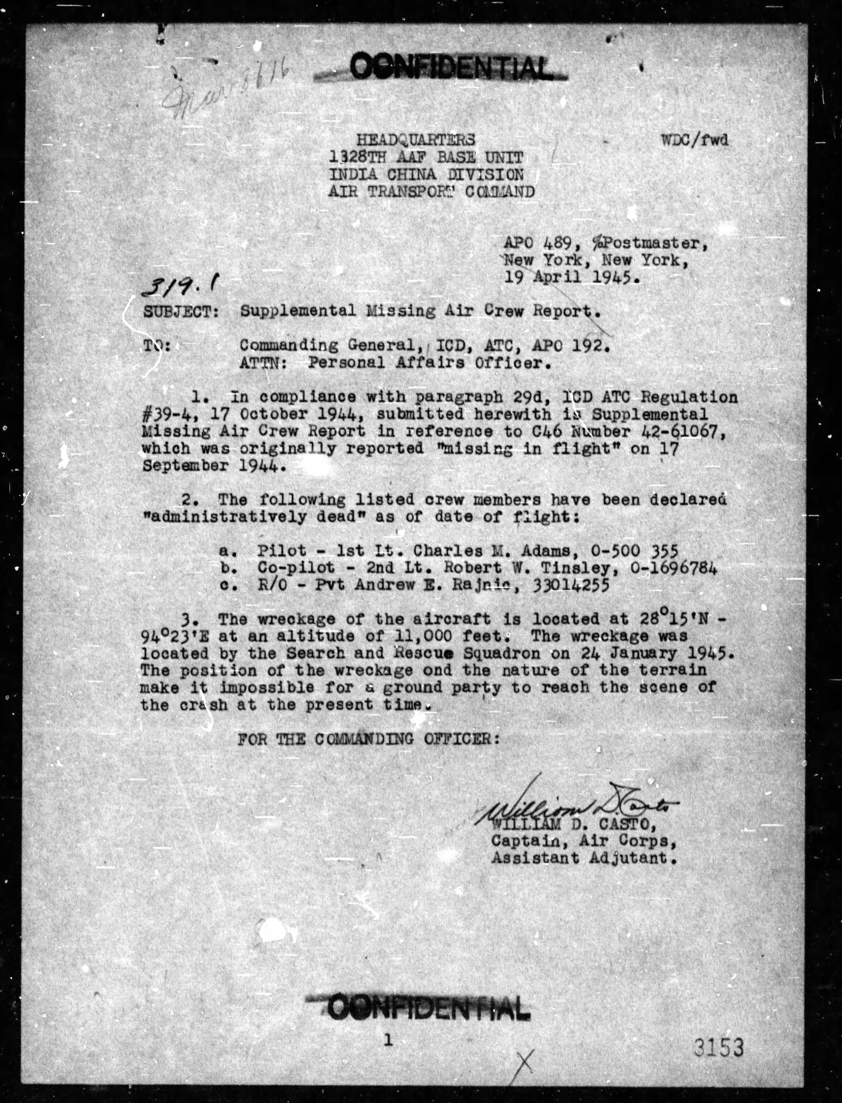 Missing Air Crew Report — Charles M. Adams, C-46A 42-61067, page 3