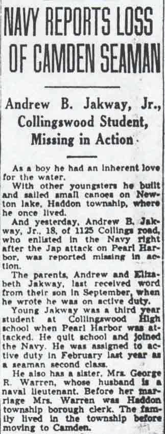 Navy Reports Loss of Camden Seaman — Camden Courier-Post, February 3, 1943
