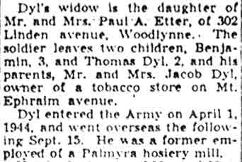 Benjamin Dyl obituary — Camden Courier-Post, July 16, 1945