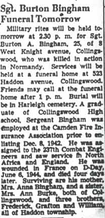 Sgt. Burton Bingham Funeral Tomorrow — Camden Courier-Post, July 12, 1948