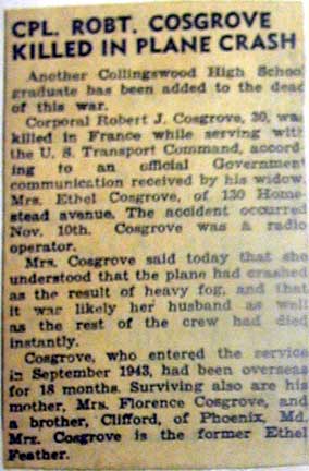 Cpl. Robt. Cosgrove Killed in Plane Crash