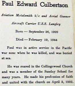 Paul Edward Culbertson memorial plaque — Collingswood Church