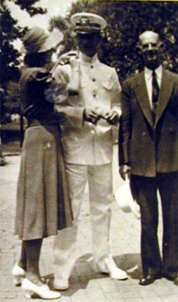 Ensign Hittorff, his sister Marion, and Joseph Hittorff Sr. pinning his Ensign's Bar after graduation from the Naval Academy
