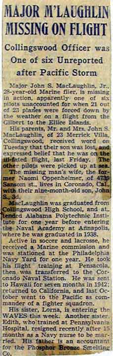 Camden Courier-Post — Major M'Laughlin Missing on Flight