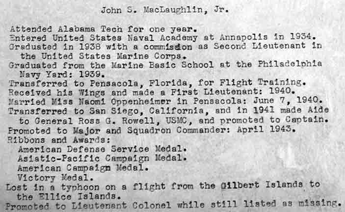 Collingswood WWII Memorial information card for John S. Mac Laughlin, Jr.
