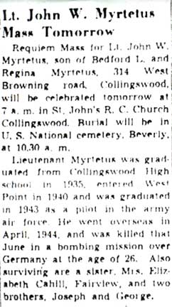 Camden Courier-Post, June 1, 1949 — Lt. John W. Myrtetus Mass Tomorrow